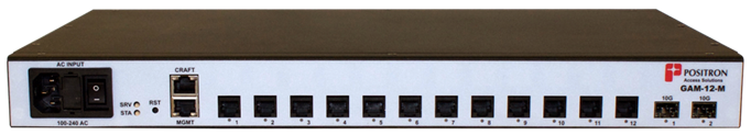 Positron GAM-12-M G.hn Access Multiplexer (GAM) with 12 dual-pair (MIMO) copper ports and 2 x 10Gbps SFP+ ports. AC 110-220V Pow